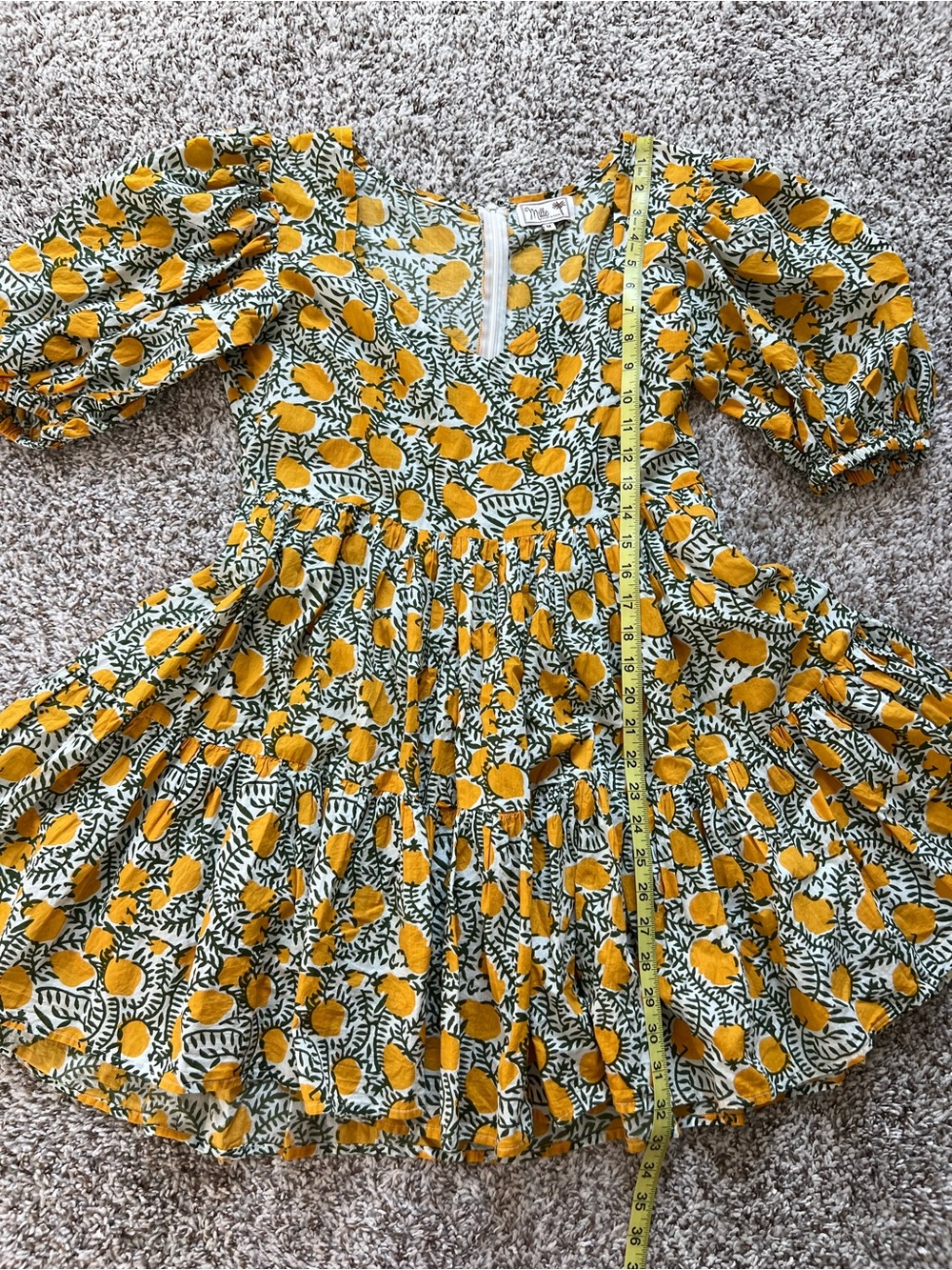 MILLE Puff Sleeve Babydoll Mini Dress Lemon Print 100% Cotton Size M - Picture 7 of 9